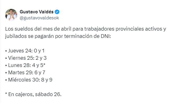 Valdés anunció el pago de Sueldos entre este 24 y el 30 de abril