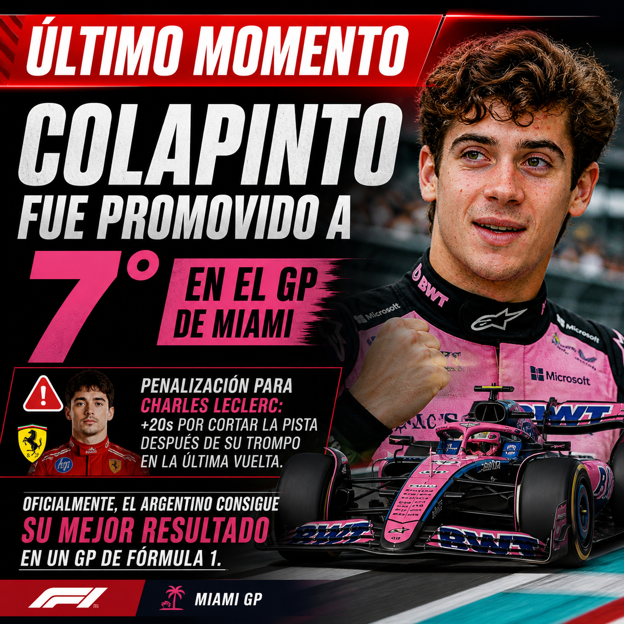 Colapinto logró su mejor resultado en F1: terminó 7° en el GP de Miami tras sanción a Leclerc 